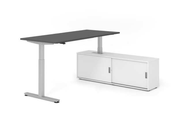 Hammerbacher Schreibtisch XMST19, 180x80cm, Platte: Graphit, T-Fuß Gestell Silber, Höhe: 71 - 120 cm, Weiß / Weiß, VXMST19SB/G/S/W/W