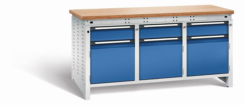 Otto Kind Werkbank Serie function Typ 309, Multiplexplatte 40 mm, bündig, 2x Unterbau + mittleres Feld, Gehäuse RAL 7035, Front RAL 5010, 072364186