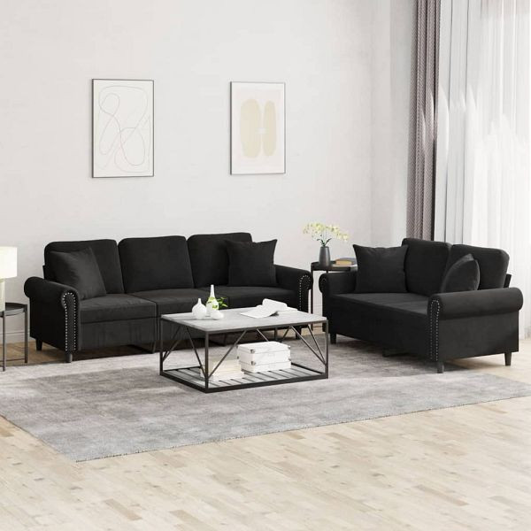 vidaXL 2-teilig Sofagarnitur mit Kissen Schwarz Samt, 3202275