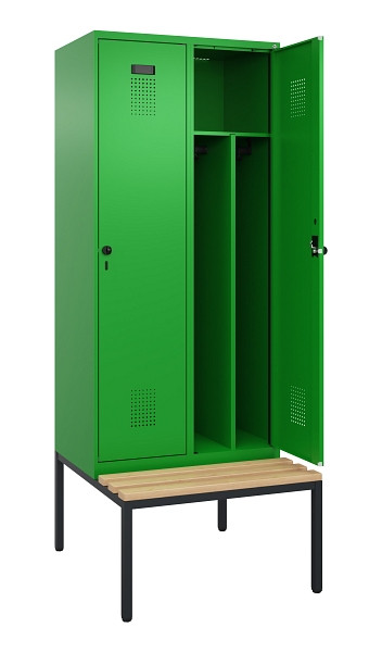 C+P Spind Evolo PLUS, 2 Abteile, 2120x800x815mm, 6037/6037, Haken 4, Drehriegel, Sitzfläche Buche-Hartholz, Sitzbank, Trennwand, 0490507-22F S10026