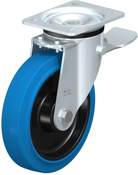 Blickle LK-POEV 200KD-ST-SB Stahlblech-Lenkrolle, schwere Ausführung, mit Anschraubplatte & Feststeller, Elastik-Vollgummi, Blau, 851313