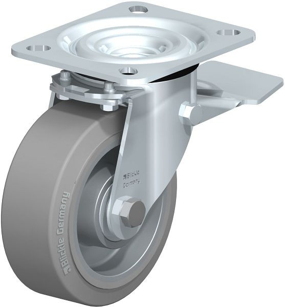 Blickle L-ALEV 100K-ST-SG Stahlblech-Lenkrolle, mittelschwere Ausführung, mit Anschraubplatte & Feststeller, Elastik-Vollgummi, Grau, 624866