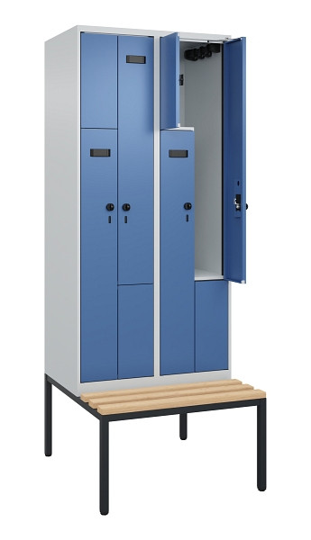 C+P Z-Spind Evolo PLUS, Bank, 4 Fächer, 2120x800x815mm, 7035/5023, Drehriegel, Sitzfläche Buche-Hartholz, Sitzbank, 0490537-224 S10020