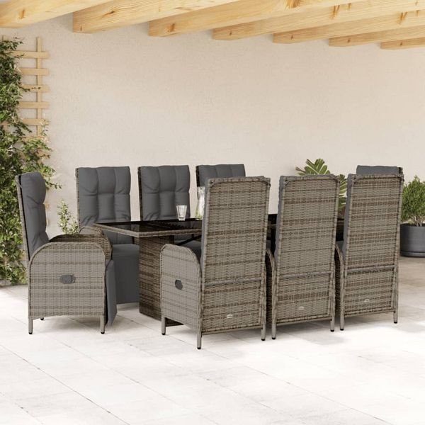 vidaXL 9-teilig Garten-Essgruppe mit Kissen Grau Poly Rattan, 3213533