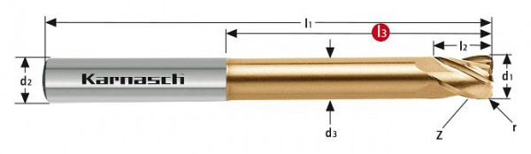Karnasch VHM-Gesenkfräser mit Eckenradius extra lang Rockwell Cutter / HSC HHC d= 12,0 / r= 1,5 / L3= 75 mm HXC-Nano³, 306437120015