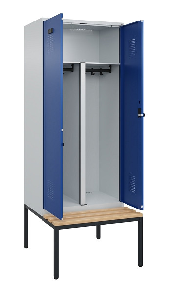 C+P PSA Doppel-Spind Evolo PLUS, Bank, 2 Abteile, 2120x800x815mm, 7035/5010, Drehriegel, Sitzfläche Buche-Hartholz, Sitzbank, 0490527-22P S10006