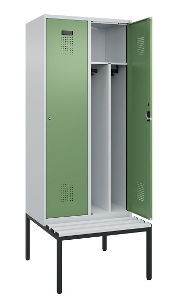 C+P Spind Evolo PLUS, 2 Abteile, 2120x800x815mm, 7035/6011, Haken 4, Zylinderschloss, Sitzfläche Kunststoff, Sitzbank, Trennwand, 0490507-22F S10091