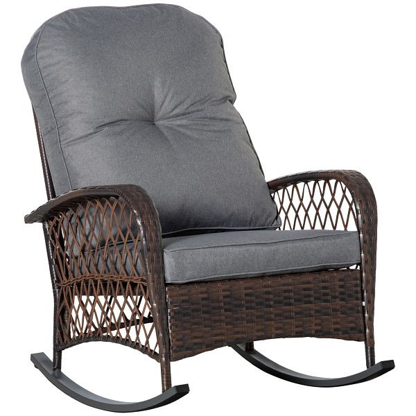 Outsunny Schaukelstuhl Polster mit Knopfheftung PE-Rattan Stahl Braun + Grau, 867-102
