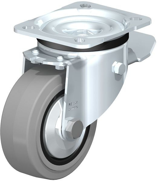 Blickle LK-POEV 100K-1-ST-SG-FA Stahlblech-Lenkrolle, schwere Ausführung, mit Anschraubplatte & Feststeller, Elastik-Vollgummi, Grau, 750315