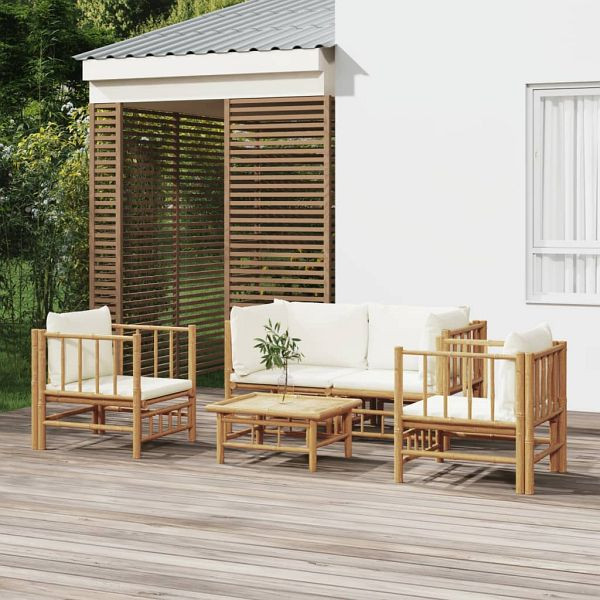 vidaXL 5-teilig Garten-Lounge-Set mit Cremeweißen Kissen Bambus, 3155185