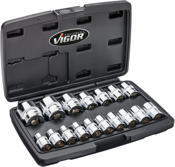 VIGOR Doppelsechskant-Steckschlüssel Satz, Vierkant hohl 12,5 mm (1/2 Zoll), Außen-Doppel-Sechskant Profil, Anzahl Werkzeuge: 17, V7512/17