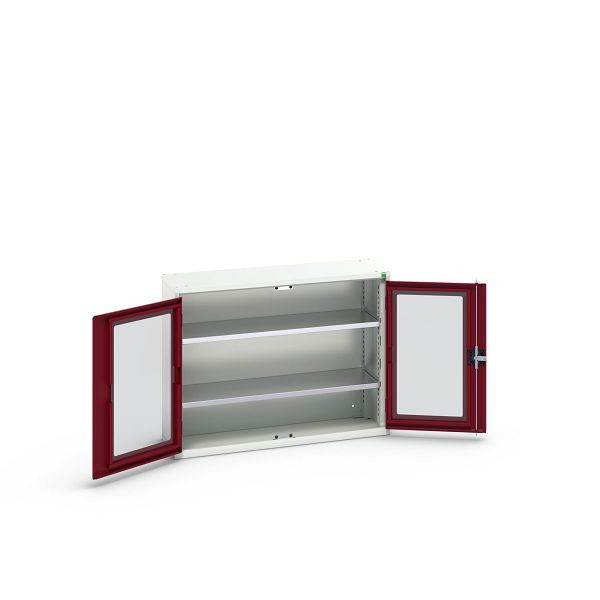 bott verso Flügeltürschrank mit Sichtfenster, mit 2 Fachböden, BxTxH: 1050 x 350 x 800 mm, Lichtgrau / Purpurrot, 16926270.24