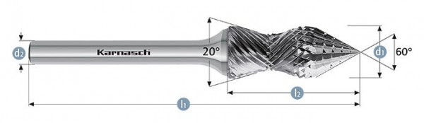 Karnasch Hartmetall-Frässtift unbeschichtet d1= 12,0 / l2= 28 / d2= 6 / l1= 73mm Combi+Curve, 114026100