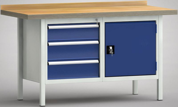 KLW Standard-Werkbank - 1500 x 700 x 900 mm L x T x H (ERGO-Version), links 150EA/2x175EA, rechts Türe 500 mm, WS177E-1500M40-E7025