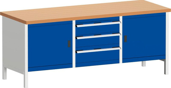 bott cubio Kastenwerkbank mit 3 Schubladen 2 Türen, 2 Ablagen, Rotbuche-Arbeitsplatte BxTxH: 2000 x 750 x 840 mm, RAL 7035/5010, 41002056.11V