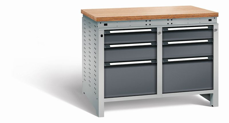 Otto Kind Werkbank Serie function Typ 215, Multiplexplatte 40 mm, bündig, 2x Unterbau + Zentralverschluss, Gehäuse RAL 9006, Front RAL 7016, 07234514S