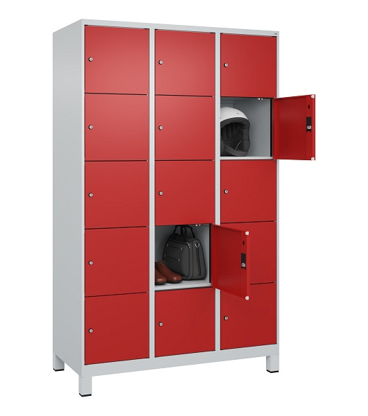 C+P Schließfachschrank Evolo PLUS, mit Füßen, 15 Fächer, 1950x1200x500mm, 7035/3000 feuerrot, 049010-325 S10003