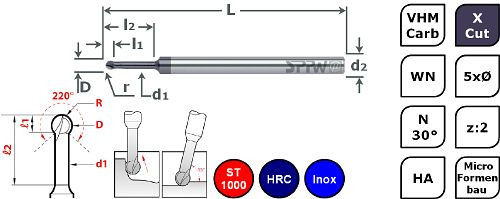 SPPW Micro-Kugelfräser VHM+X.Cut 220° L: 75x2,0 z:2 d6 Ø3,0x15F, 6785220300