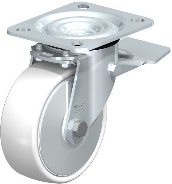 Blickle L-PO 100R-ST-FA Stahlblech-Lenkrolle, mittelschwere Ausführung, mit Anschraubplatte & Feststeller, Polyamid, Weiß, 52803