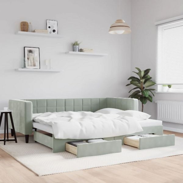 vidaXL Tagesbett Ausziehbar mit Schubladen Hellgrau 90x200 cm Samt, 3196739