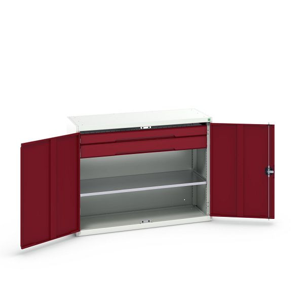 bott verso Flügeltürschrank mit Schubladen, mit 1 Fachboden und 2 Schubladen, BxTxH: 1300 x 550 x 1000 mm, Lichtgrau / Purpurrot, 16926605.24