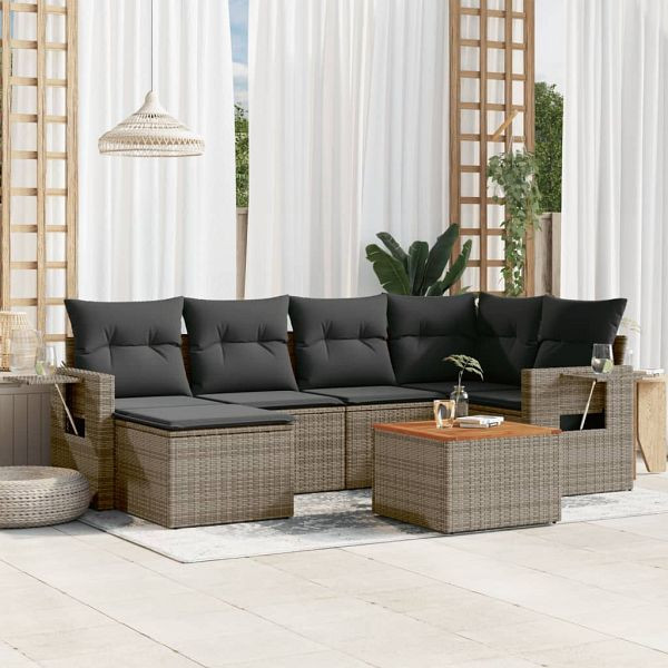 vidaXL 7-teilig Garten-Sofagarnitur mit Kissen Grau Poly Rattan, 3256998