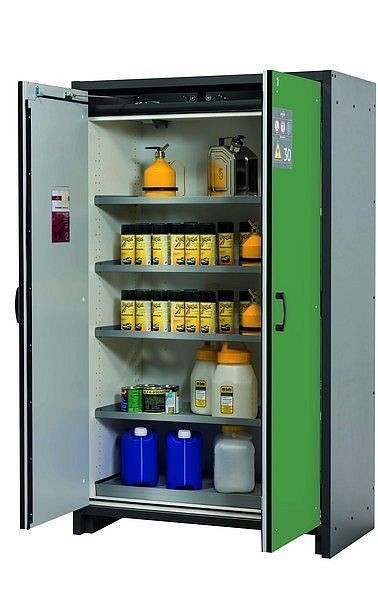 asecos Sicherheitsschrank Q-CLASSIC-30, Q30.195.116 in resedagrün RAL 6011 mit 4x Fachboden (Edelstahl), 31003-068-30009