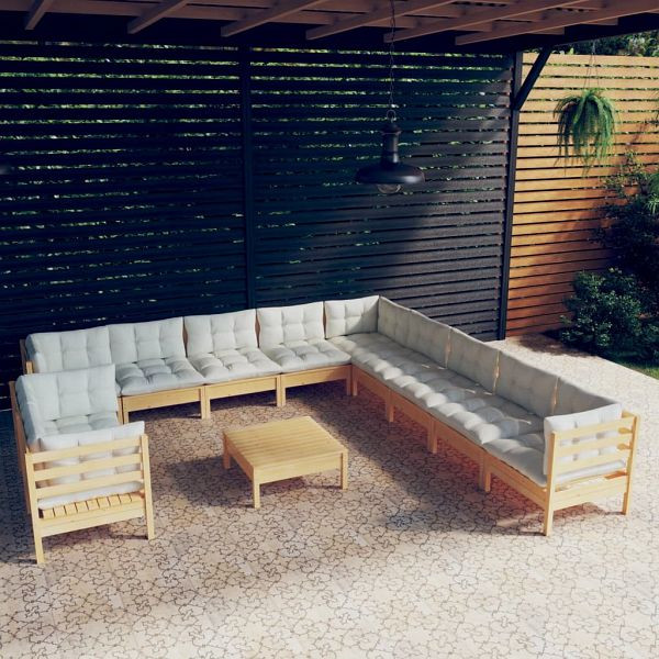 vidaXL 12-teilig Garten-Lounge-Set mit Creme Kissen Massivholz Kiefer, 3096929