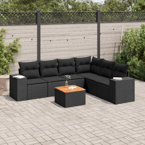 vidaXL 7-tlg. Garten-Sofagarnitur mit Kissen Schwarz Poly Rattan, 3225460