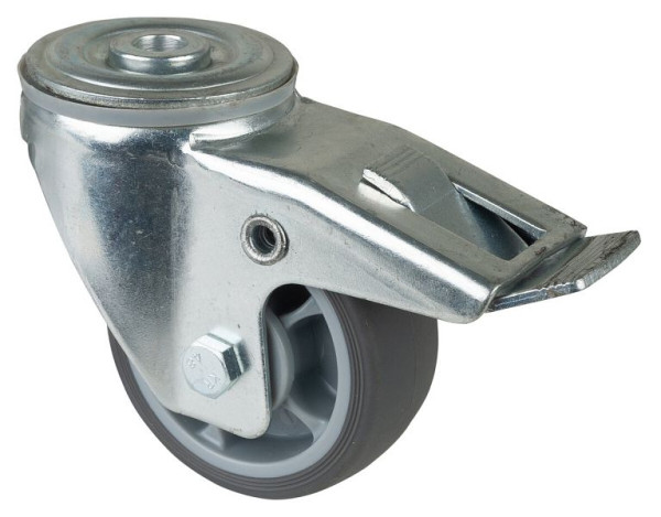 BS Rollen Transportrolle Lenkrolle mit Feststeller, thermoplastisches Gummirad grau, Kugellager, Rückenloch, Durchmesser: 80 mm, VE: 4 Stück, L121.A85.082