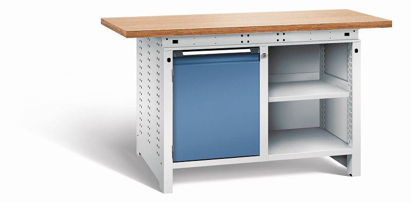 Otto Kind Werkbank Serie function Typ 210, Multiplexplatte 40 mm, überstehend, 2x Unterbau, Gehäuse RAL 7035, Front RAL 5023, 072340264
