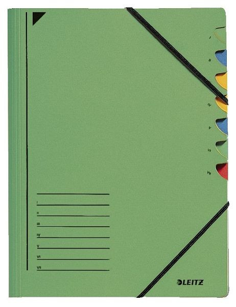 LEITZ 3907 Ordnungsmappe, 7 Fächer, A4, Pendarec-Karton (RC), 430 g/qm, grün, 3907-00-55