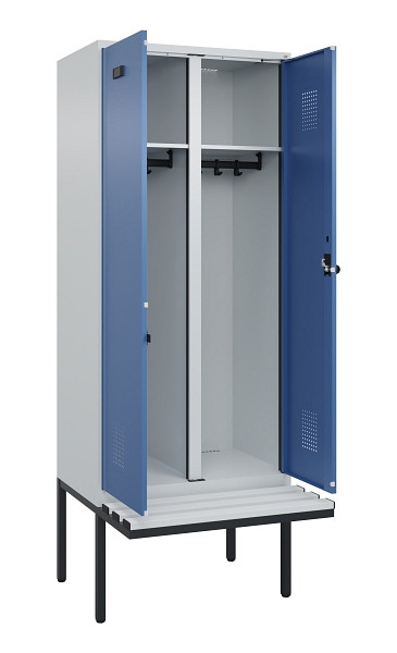 C+P Schwarz-Weiß-Spind Evolo PLUS, Bank, 2 Abteile, 2120x800x815mm, 7035/5023, Drehriegel, Material Sitzfläche Kunststoff, 0490427-22 S10062