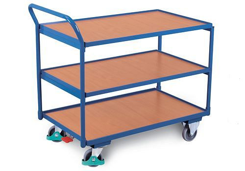 DENIOS Tischwagen DENIOS classic-line, 3 Böden mit Rand, 985 x 590 mm, Griff gebogen, 258186