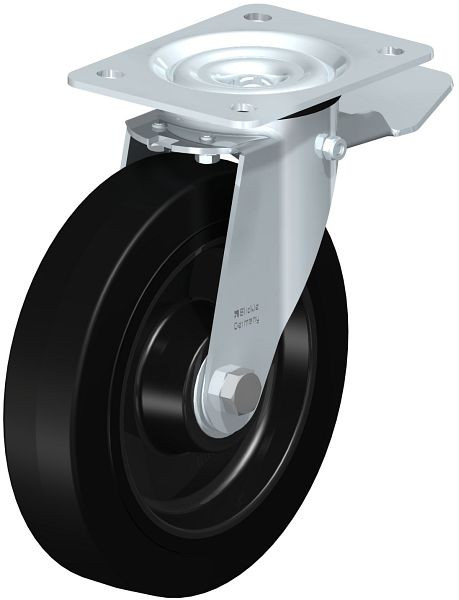 Blickle LE-POEV 200K-ST Stahlblech-Lenkrolle mit Anschraubplatte & Feststeller, Elastik-Vollgummi, Schwarz, 679811