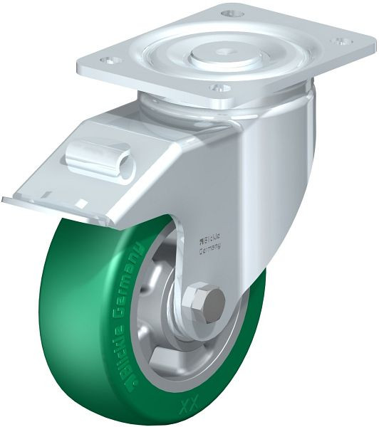 Blickle LH-ALST 150K-FI Stahlblech-Lenkrolle, Schwerlast-Ausführung, mit Anschraubplatte & Feststeller, Blickle Softhane®, Grün, 754579
