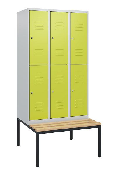 C+P Doppelstöckiger Spind Classic PLUS, 3 Abteile, 1950x900x815mm, 7035/0024, Zylinderschlösser, Buche-Sitzleisten, Sitzbank, 0803505-30 S10040