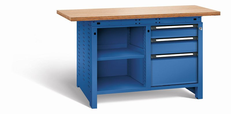 Otto Kind Werkbank Serie function Typ 212, Multiplexplatte, überstehend, 2x Unterbau, 1x Zentralverschluss, komplett RAL 5010, 072342213