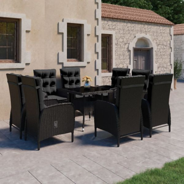 vidaXL 9-tlg. Garten-Essgruppe Poly Rattan und Glas Schwarz, 3058532