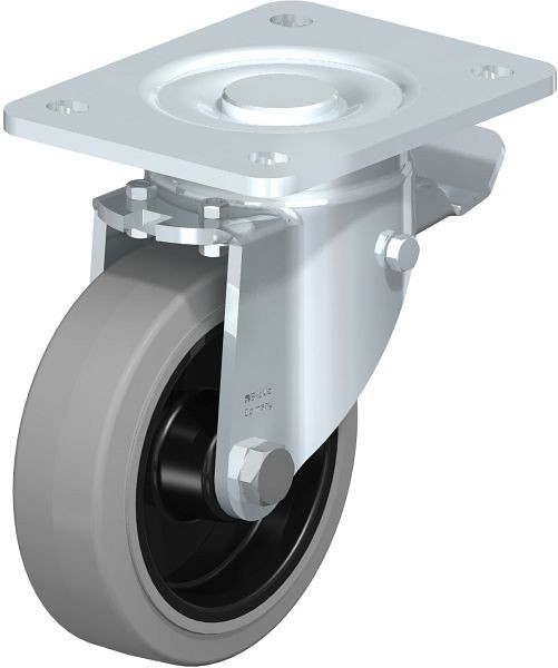 Blickle LH-POEV 125XR-3-ST-SG Stahlblech-Lenkrolle, Schwerlast-Ausführung, mit Anschraubplatte & Feststeller, Elastik-Vollgummi, Grau, 851795