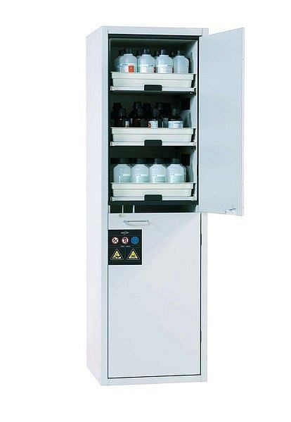 asecos Säuren- und Laugenschrank SL-CLASSIC Modell SL.196.060.MH.R in lichtgrau RAL 7035 mit 6x Tablarauszug AbZ (FP-Platte/Polypropylen), 30613-001-30615