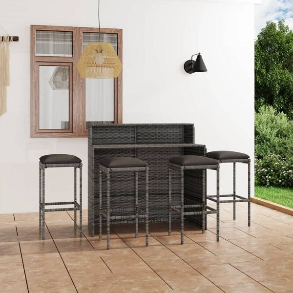vidaXL 5-teilig Gartenbar-Set mit Kissen Grau, Material: PE-Rattan, pulverbeschichteter Stahl, Stoff (100% Polyester), 3064880