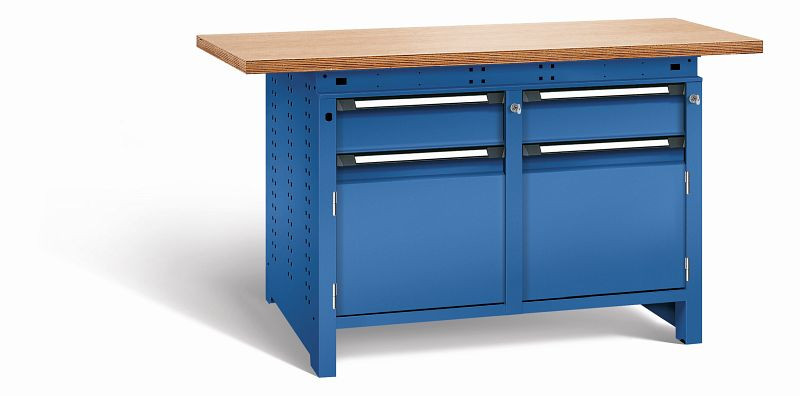 Otto Kind Werkbank Serie function Typ 214, Multiplexplatte 40 mm, überstehend, 2x Unterbau + Zentralverschluss, komplett RAL 5010, 072344213