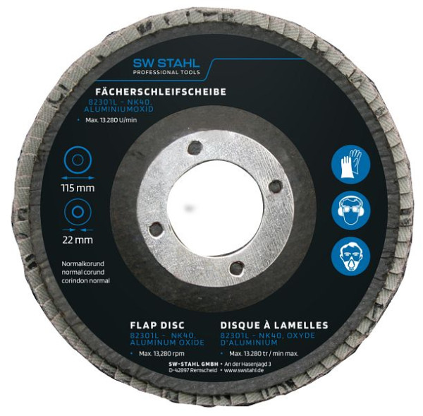 SW-Stahl Fächerschleifscheibe, Aluminiumoxid, 115 mm, NK40, VE: 10 Stück, 82301L