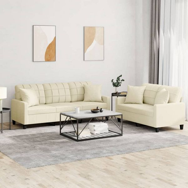 vidaXL 2-teilig Sofagarnitur mit Kissen Creme Kunstleder, 3201389