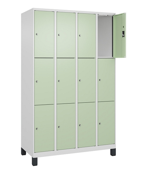 C+P Schließfachschrank Evolo PLUS, mit Füßen, 12 Fächer, 1950x1200x500mm, 9016/6019 Weissgrün, Abteile 4, Abteilbreite 300 mm, 049010-403 S10019