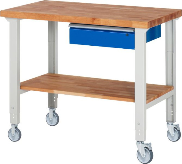 RAU Fahrbare Werkbank (höhenverstellbar) 7001A7, 1250x700x950-1000mm, je 2 Bockrollen und Lenkrollen, 05-7001A7-127B4H22.11