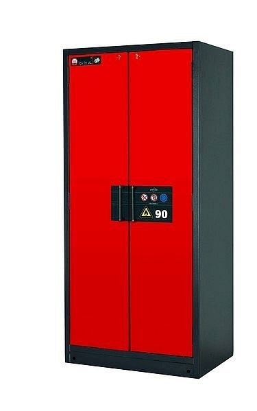 asecos Sicherheitsschrank Q-CLASSIC-90, Q90.195.090 in verkehrsrot RAL 3020 mit 4x Auszugswanne Standard (Edelstahl), 30041-046-30056