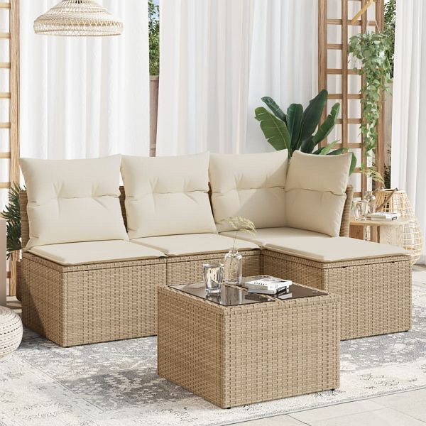 vidaXL 5-teilig Garten-Sofagarnitur mit Kissen Beige Poly Rattan, 3217508