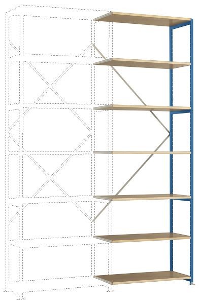 Manuflex Mittelschweres Fachboden-Steckregal Anbauregal mit 7 Holzverbundböden, HxBxT = 3000 x 1000 x 600 mm, brillantblau, RP1708.5007